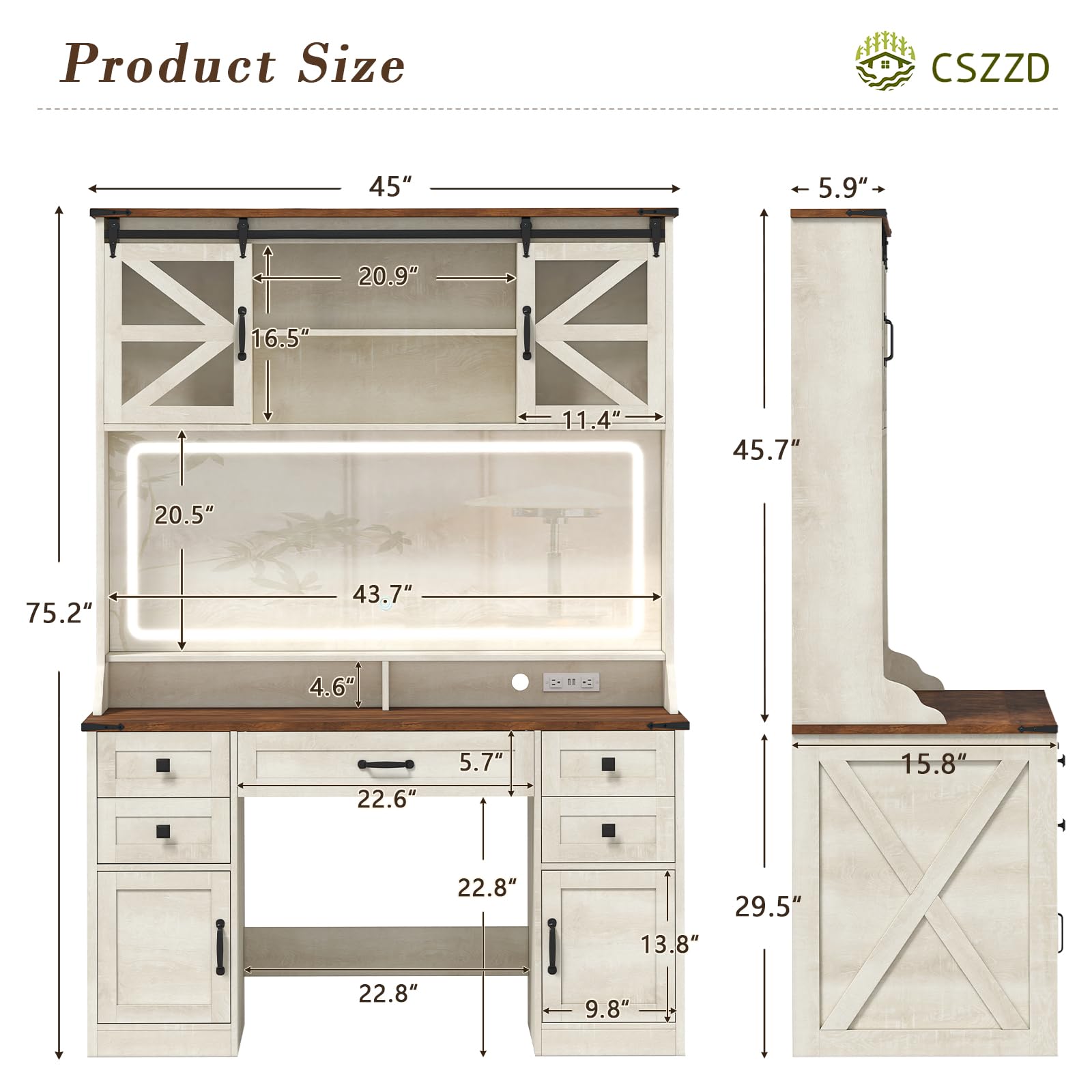 CSZZD 75.2" Farmhouse Vanity Desk with Mirror and Lights, Makeup Vanity Table with 5 Drawers & 2 Sliding RGB Door & Power Outlet, 3 Color Lighting Modes, Big Vanity for Bedroom, Antique White