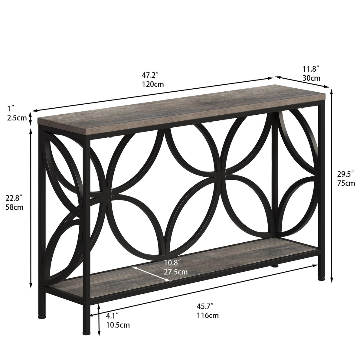 GiftGo Narrow Sofa Table 47.2 Inch, Industrial Sofa Table Behind Couch, Vintage Entry Console Table with Storage for Entryway, Living Room, Foyer, Elegant Design (Grey, 47.2)