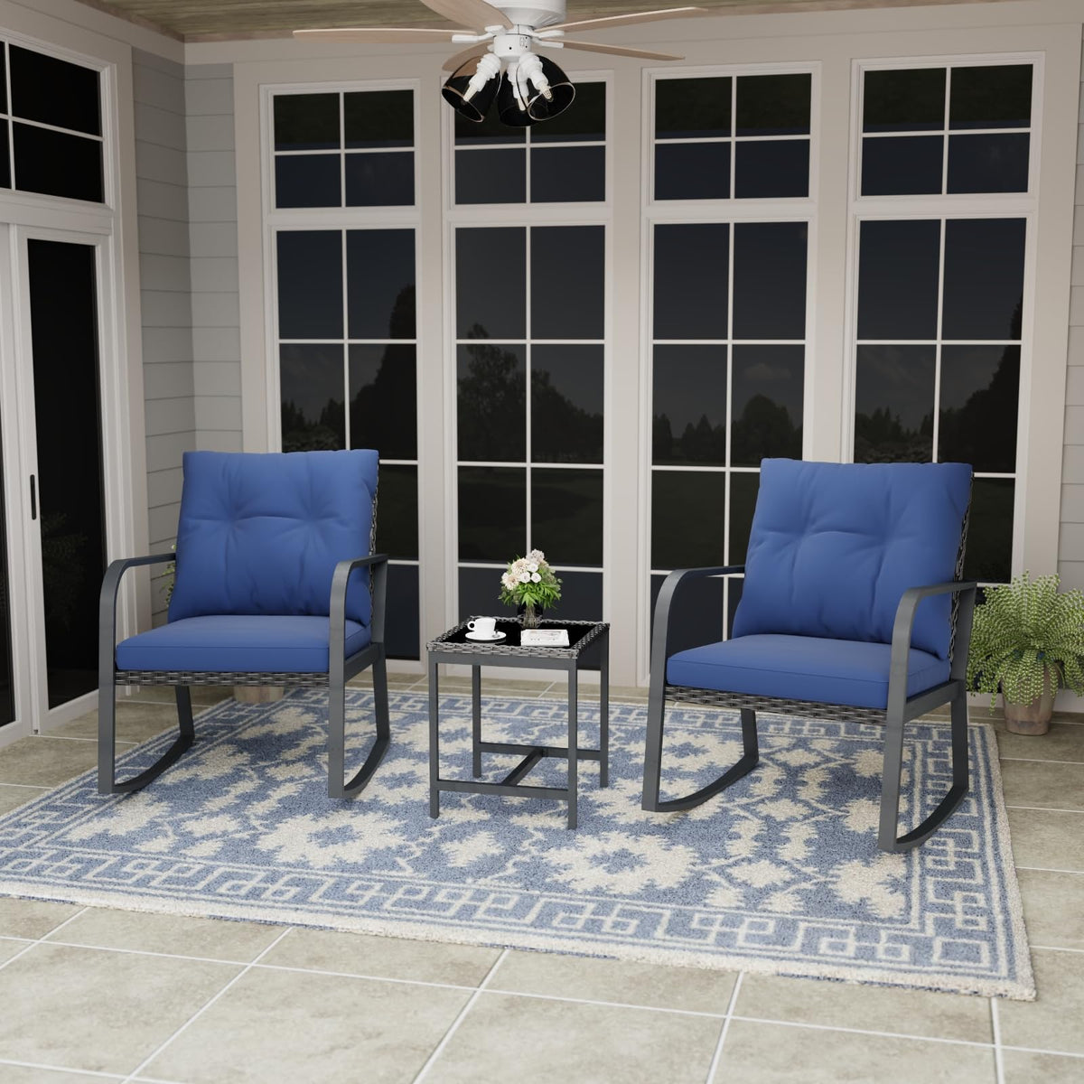 Temminkii Bistro 3 Piece Patio Furniture Set, Patio Table and Rattan Outdoor Rocking Chairs Set of 2, Outdoor Bistro Conversation Set for Garden, Balcony, Poolside, Backyard, Blue