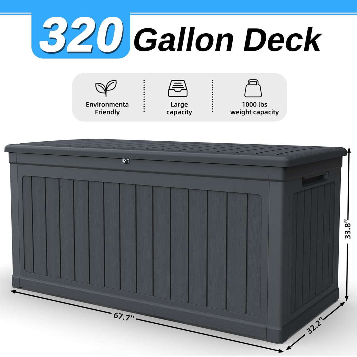 KDYMOD 320 Gallon Outdoor Storage Deck Box, Waterproof Resin, SGS - Black