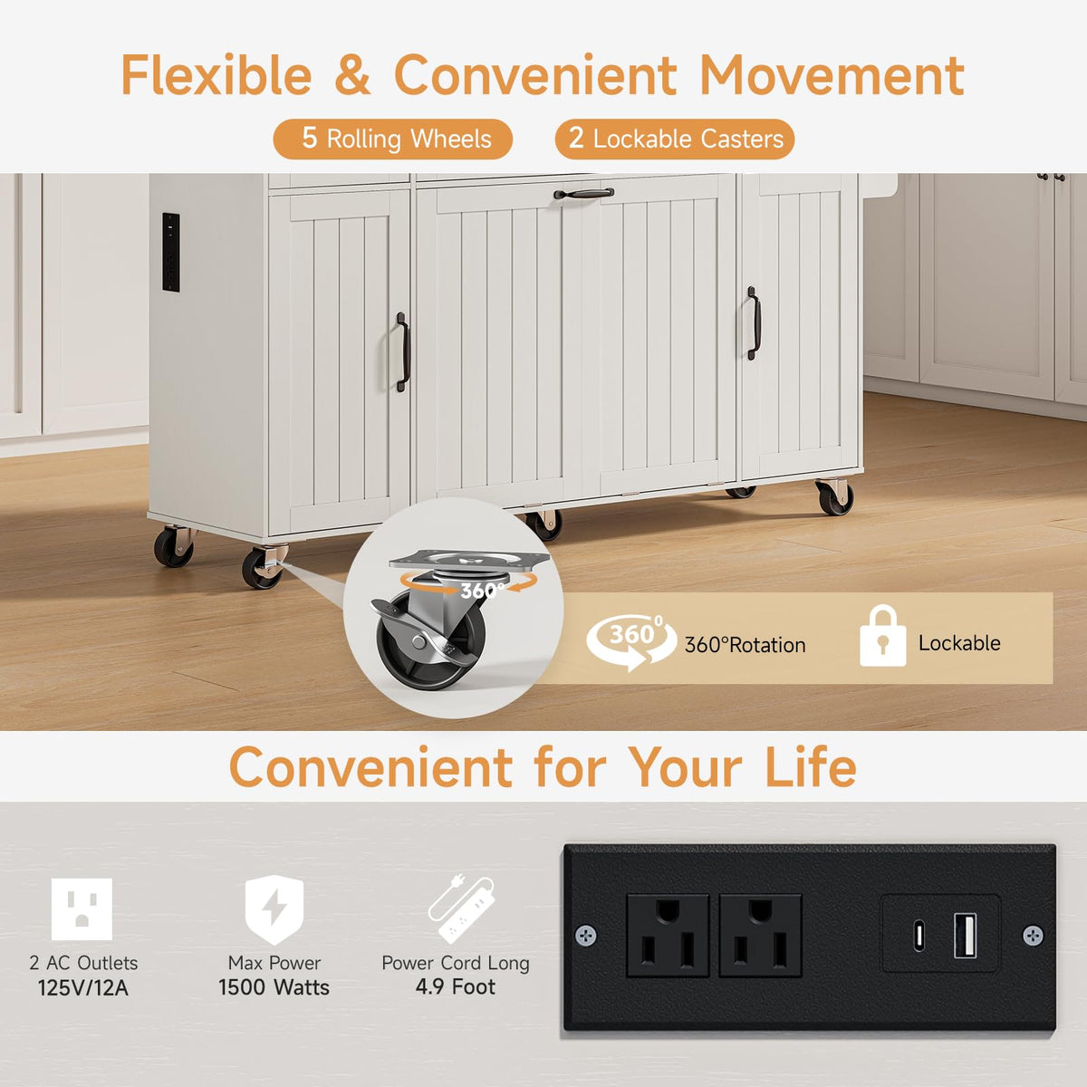 ONBRILL 69" Kitchen Islands with Dual Trash Can Cabinets, White