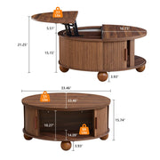 SUJOUCRAFT 33.5" Round Lift-Top Coffee Table with Storage, Mid-Century Wood Fulted Coffee Table with Sliding Door & Ball Legs, Living Room Center Drum Table for Apartment Living Room (Brown)