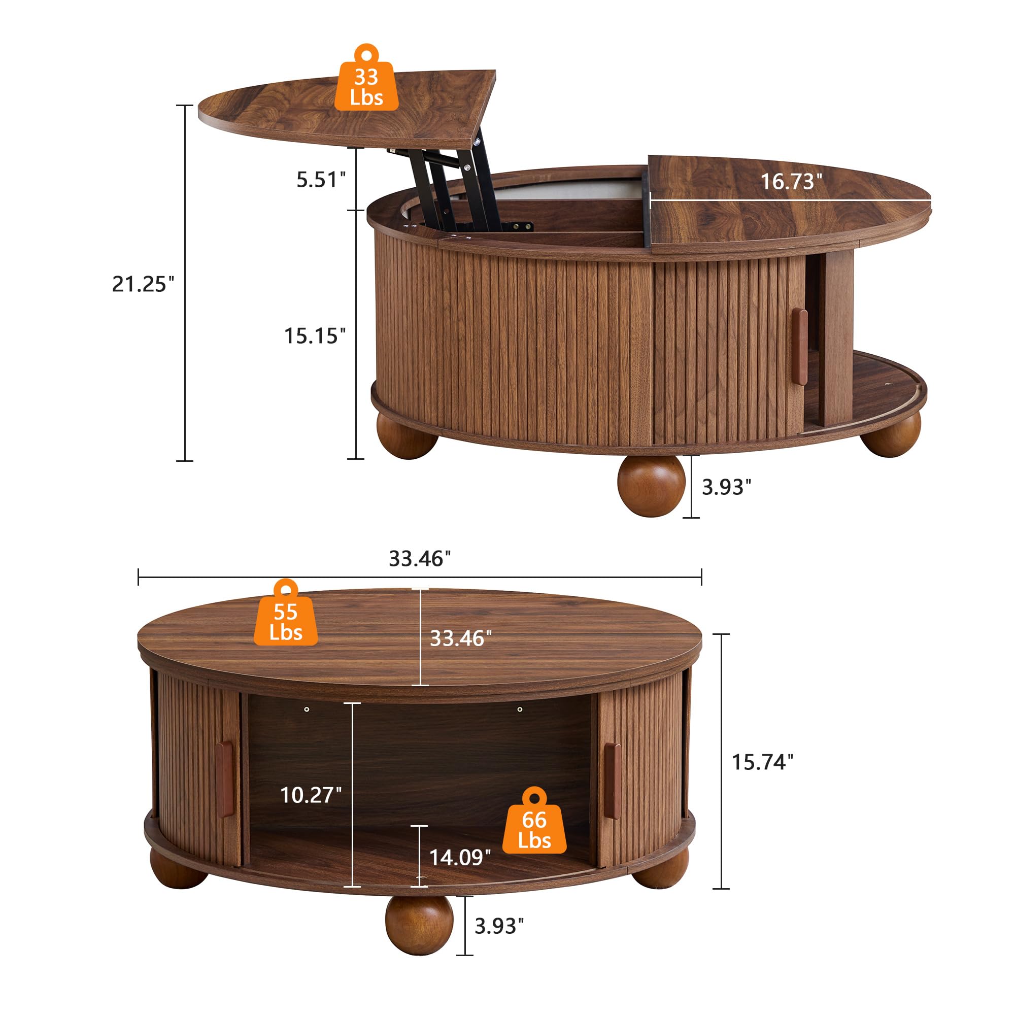 SUJOUCRAFT 33.5" Round Lift-Top Coffee Table with Storage, Mid-Century Wood Fulted Coffee Table with Sliding Door & Ball Legs, Living Room Center Drum Table for Apartment Living Room (Brown)