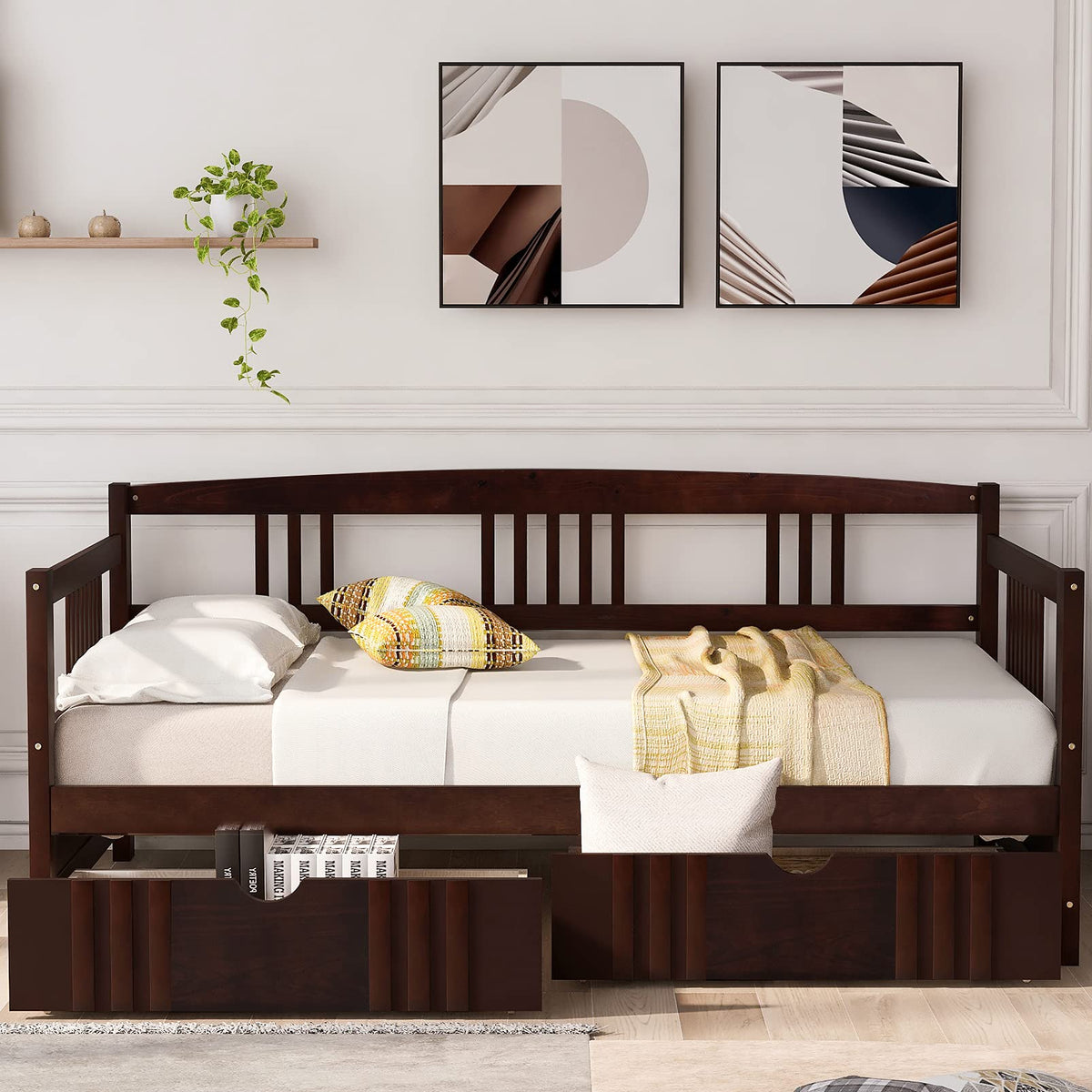 Harper & Bright Designs Twin Size Corner Day Bed Frame with Drawers, Solid Wood Daybed with Storage and Headboard, No Box Spring Needed
