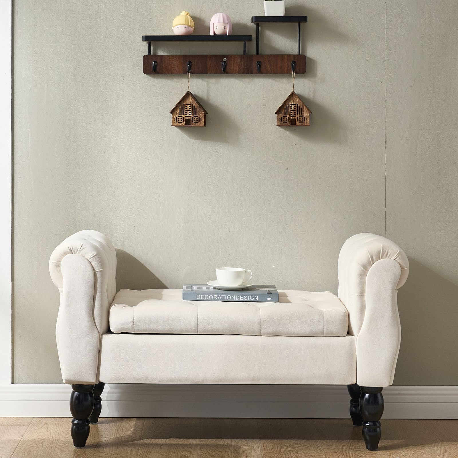 Chummaven Armed Storage Bench for End of Bed, Modern Velvet Ottoman Bedroom Bench with Wood Legs Upholstered Entryway Bench with Storage, Button Tufted Window Ottoman for Living Room, Reception, Cream
