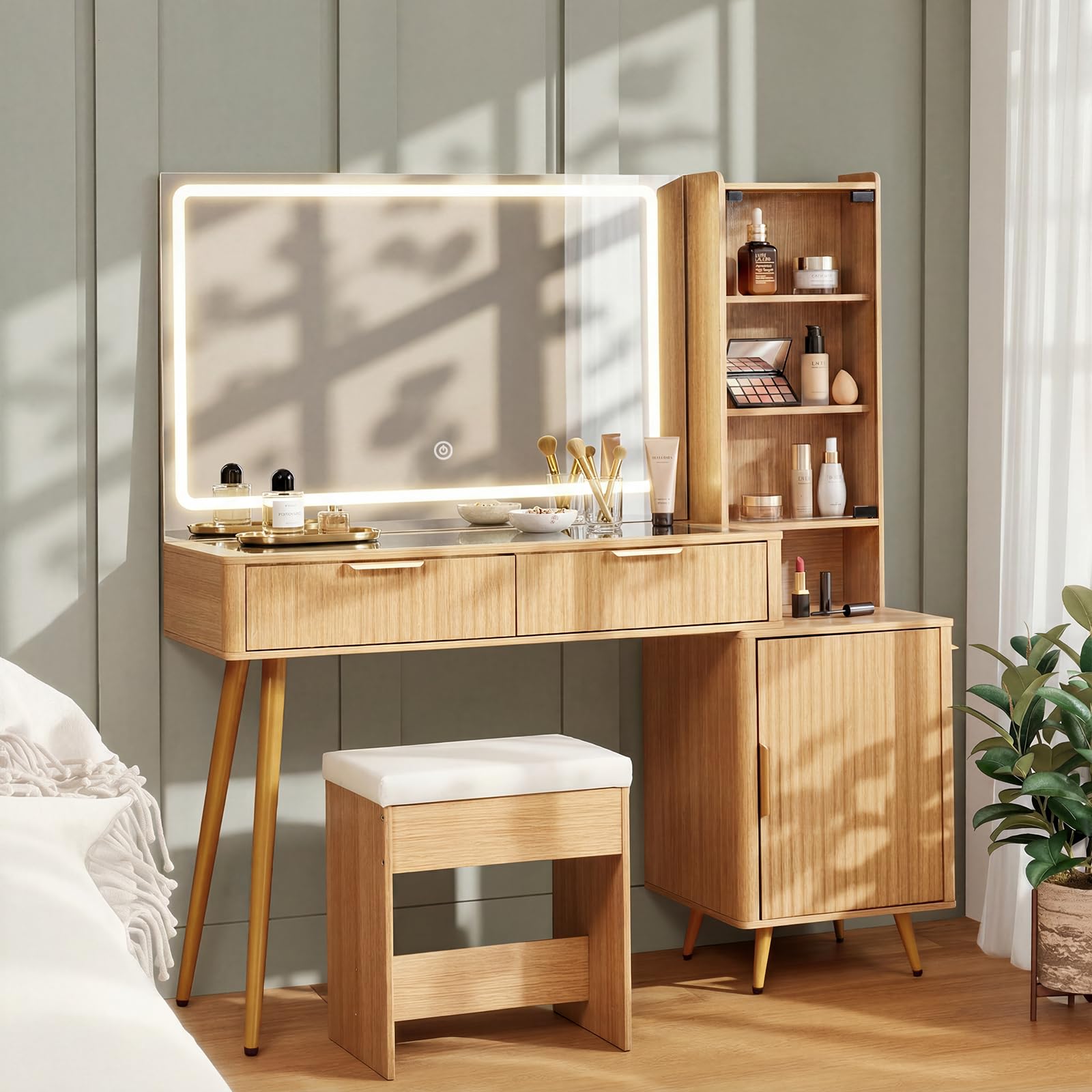 Fluted Makeup Vanity Desk with Upholstered Stool for Women, 40" Wooden Vanity Table with Mirror and Lights, Modern Glass Top, Adjustable Shelves,Dressing Table Set Charging Station for Bedroom, Oak