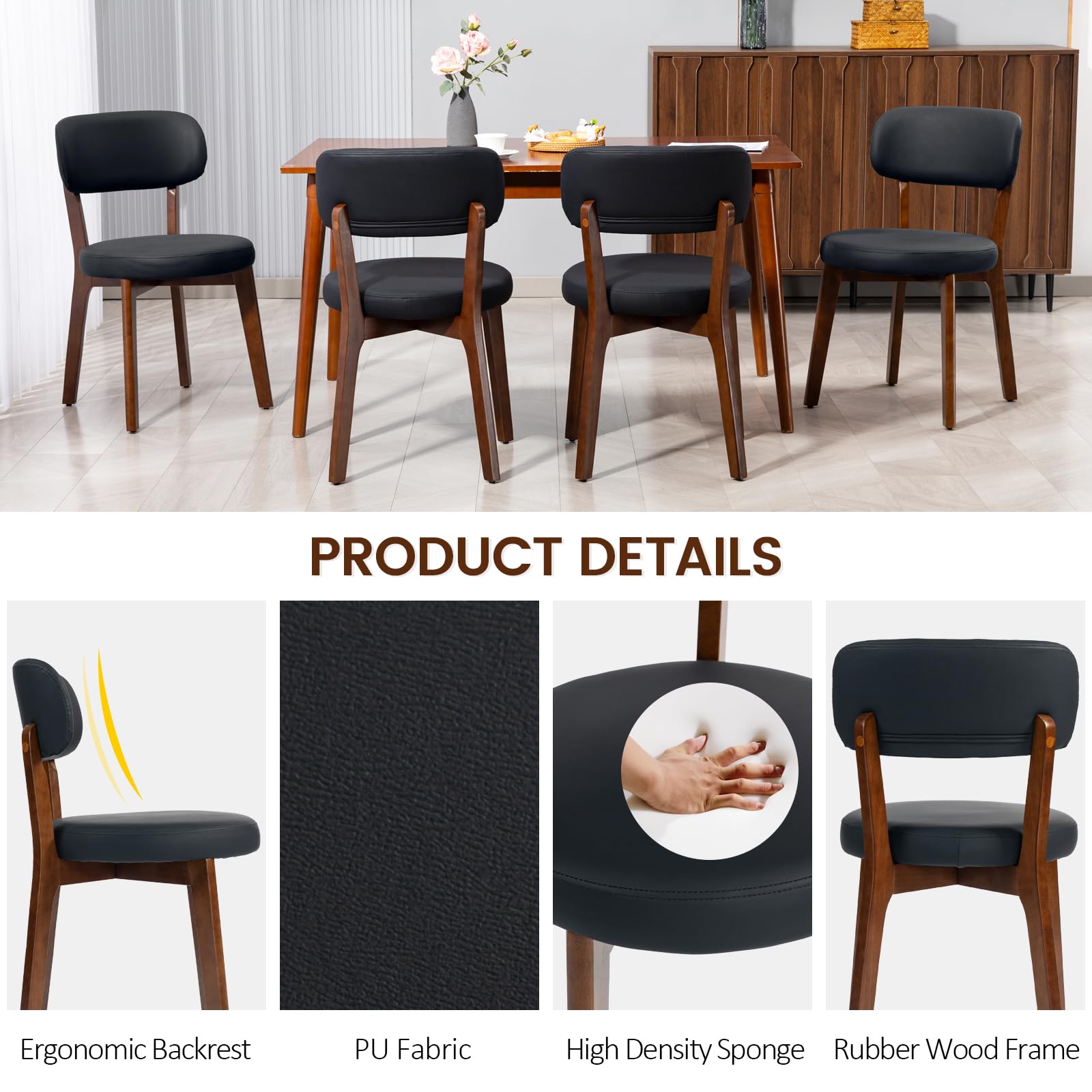 Mid-Century Modern Dining Chair with Rubberwood Frame