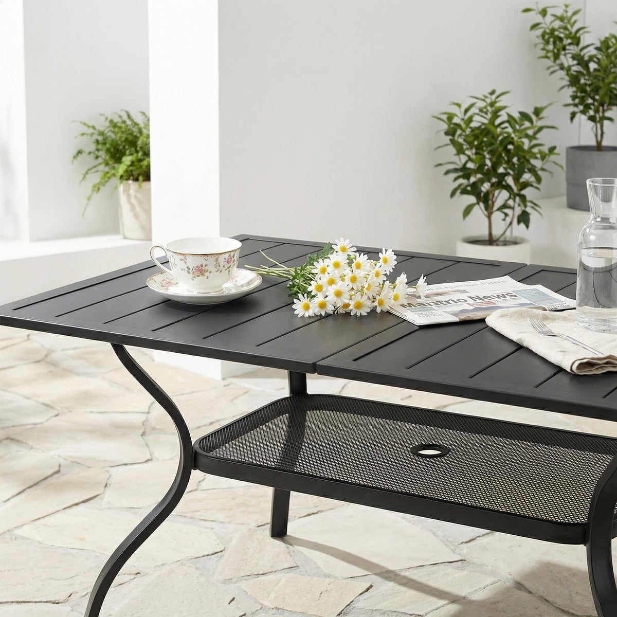 VINGLI 60" x 38" Rectangle Patio Table for 6, Metal Outdoor Dining Table with Umbrella Hole, All-Weather Steel Patio Dining Table Outdoor Table for Lawn, Garden, Backyard, Black (L60 xW38)