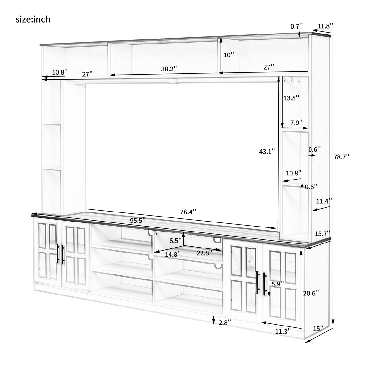 95.5" Entertainment Wall Unit Set with Bookshelves, Modern TV Stand for Televisions Up to 80", Large Media Console with Cabinets and Tempered Glass Doors for Living Room