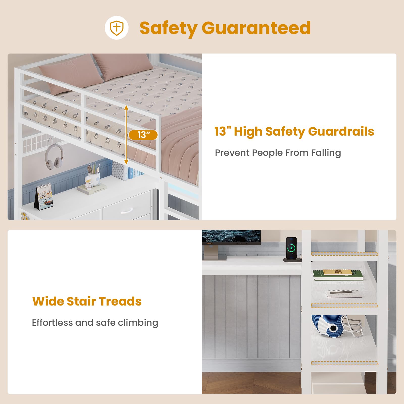 Loft Bed Full Size with U-Shaped Desk