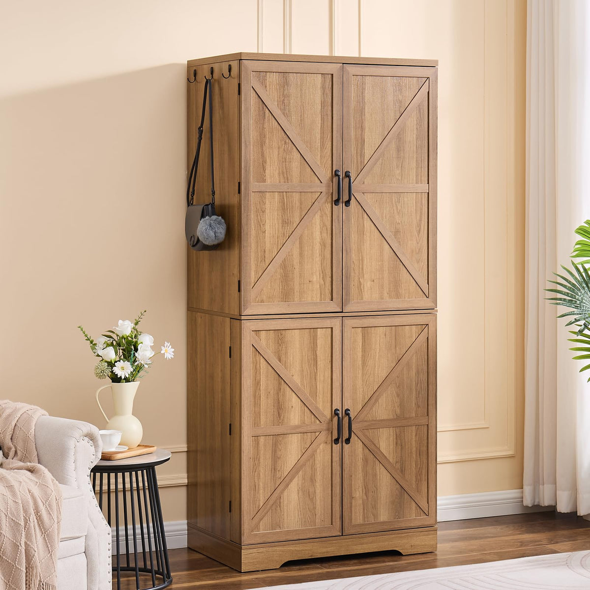 Armoire Wardrobe Closet, Farmhouse Barn Door Cabinet with Shelves & Drawer