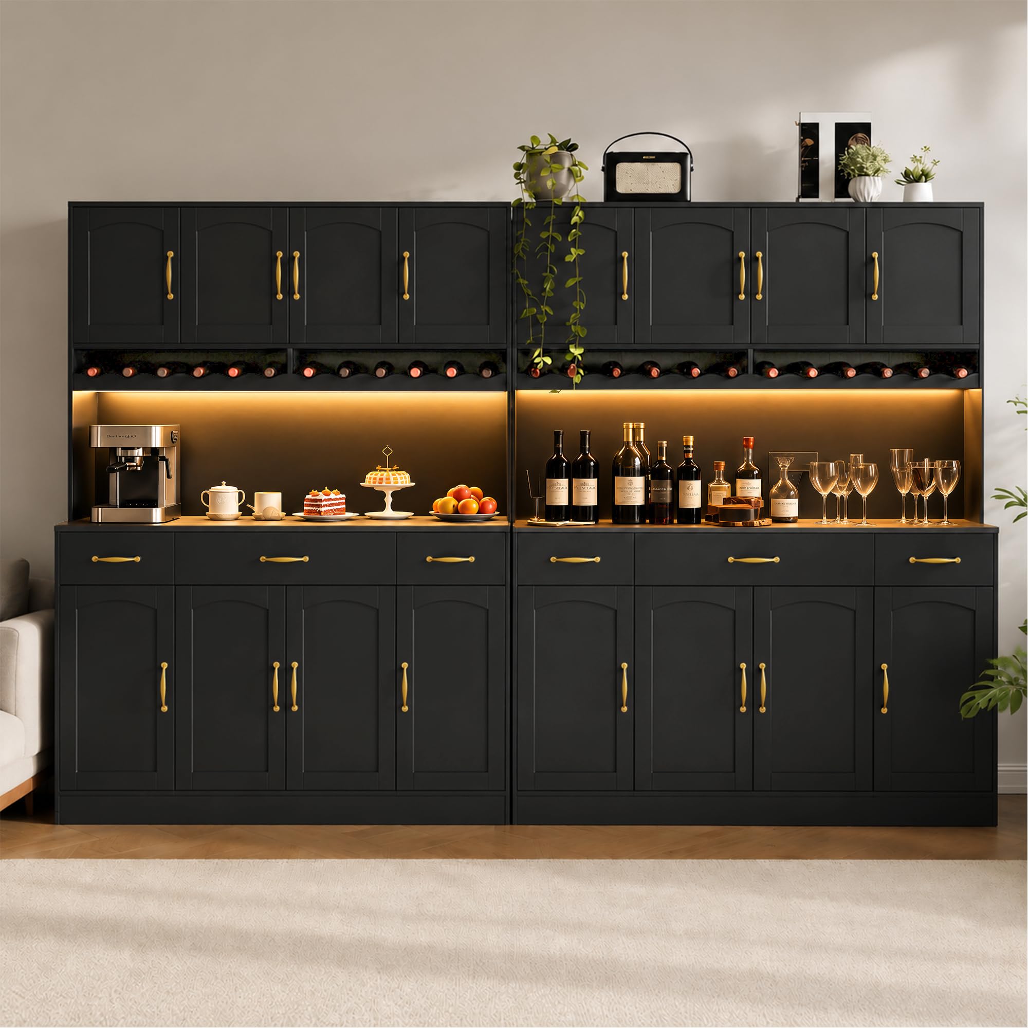 AXCIGOC 72" Tall Kitchen Pantry Cabinet with Charging Station 55" Wide Kitchen Hutch Cabinet with LED Light and Countertop Large Kitchen Cabinet with Adjustable Shelves and Wine Rack Black