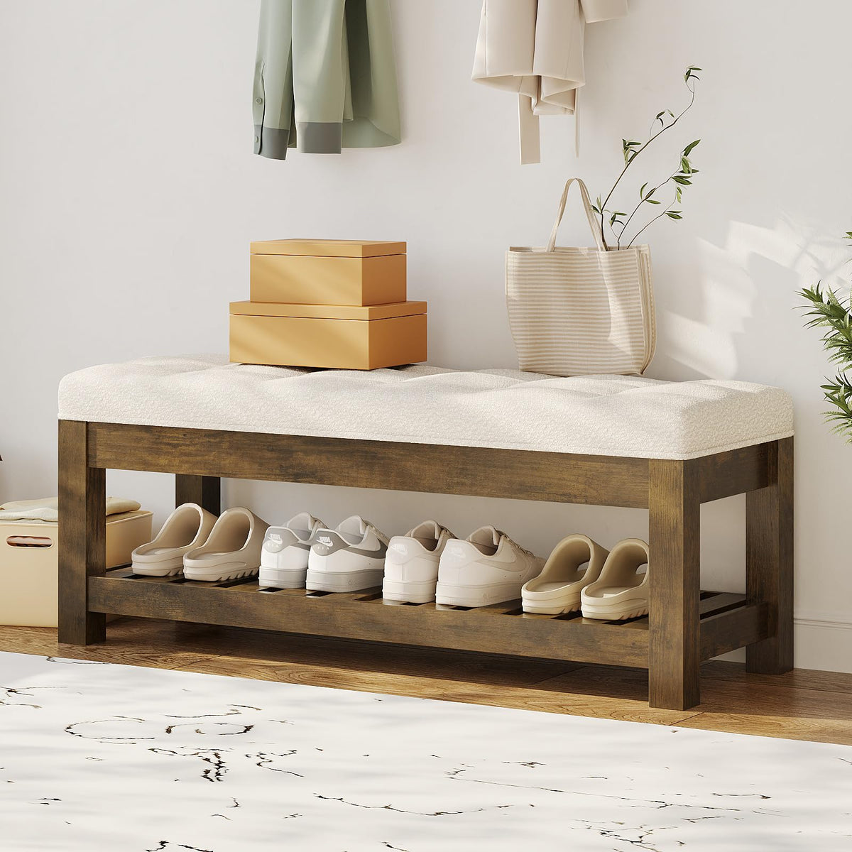 Welfuturer 47.2" Upholstered Ottoman Bench with Wood Storage Shelf