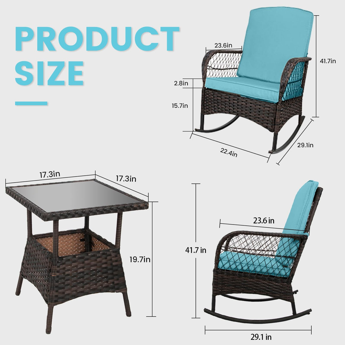 CHABATREE 3 pcs Rocking Bistro Set Conversation Chairs PE Wicker Outdoor Rocking Chairs (Lake Blue)