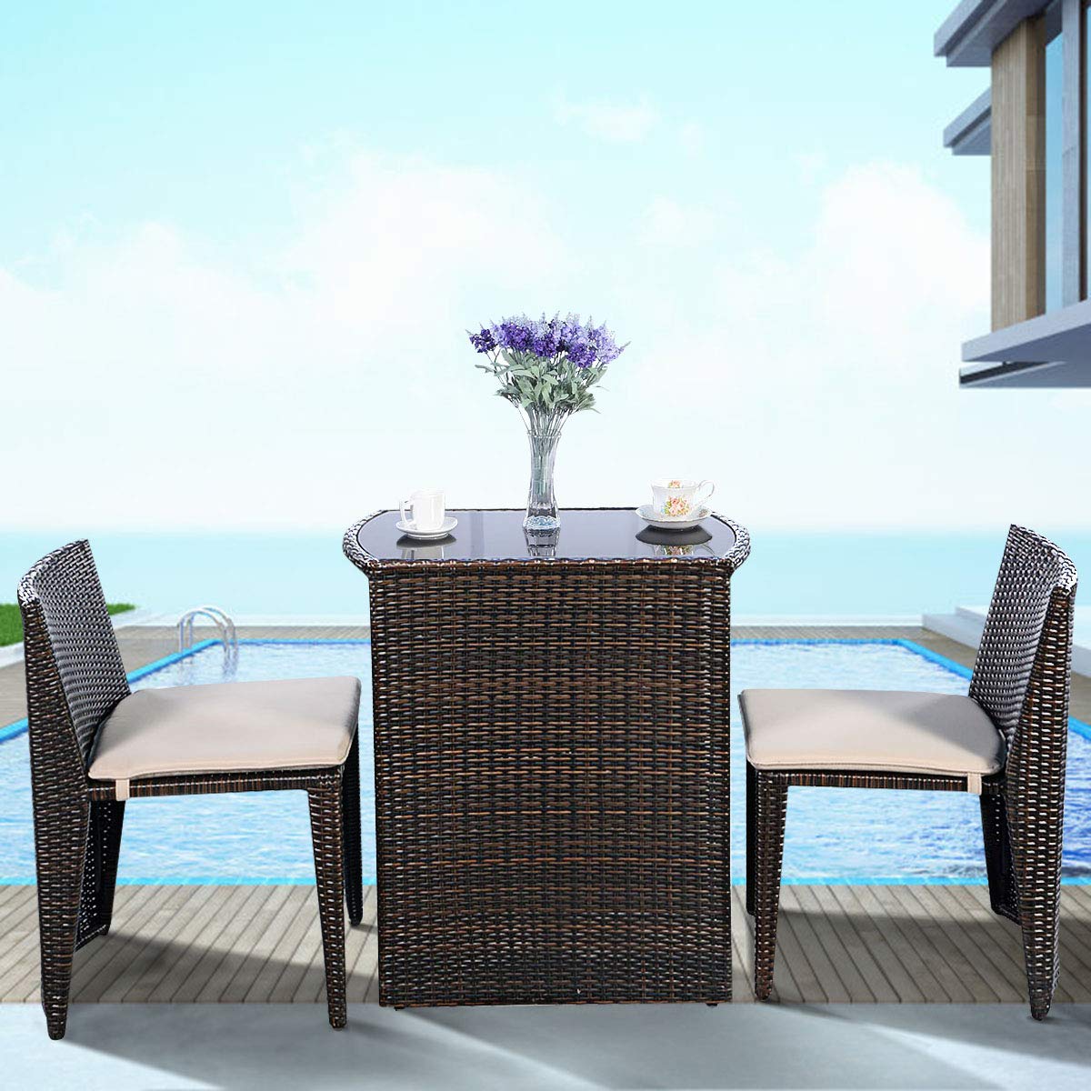 3-Piece Cushioned Wicker Patio Bistro Set