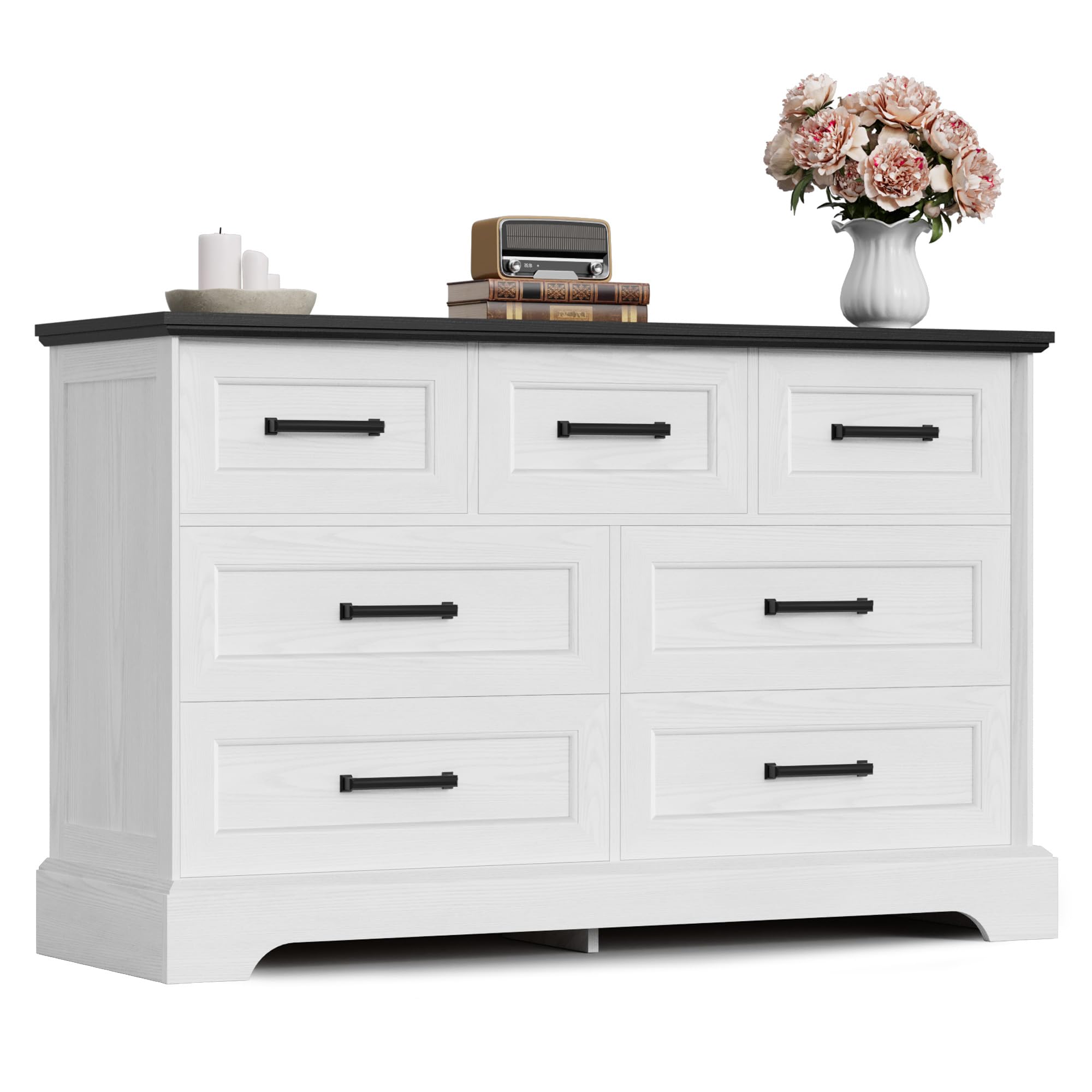 Furmax Farmhouse Dresser for Bedroom, 7 Drawers Dresser, Wood Chest of Drawers, 47.5" Wide Storage Dressers Organizer for Bedroom, Living Room, White and Black