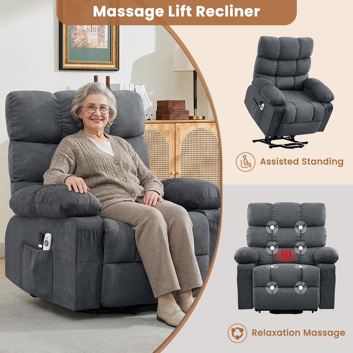 BOSMILLER Electric Power Lift Recliner Chair Sofa with Massage and Heat for Elderly,Lift Chair with Cup Holders Side Pockets for Living Room