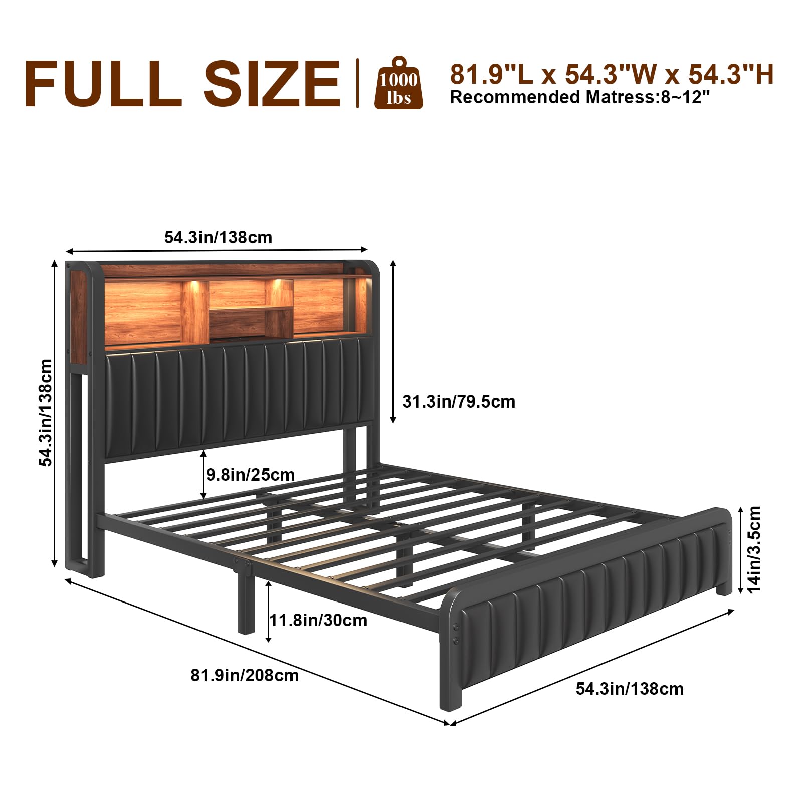 LoVinson Full Bed Frame with 3-Tier Storage Headboard & LED Lights, Upholstered PU Leather Platform Bed with Charging Station, Metal Slats, No Box Spring Needed, Black
