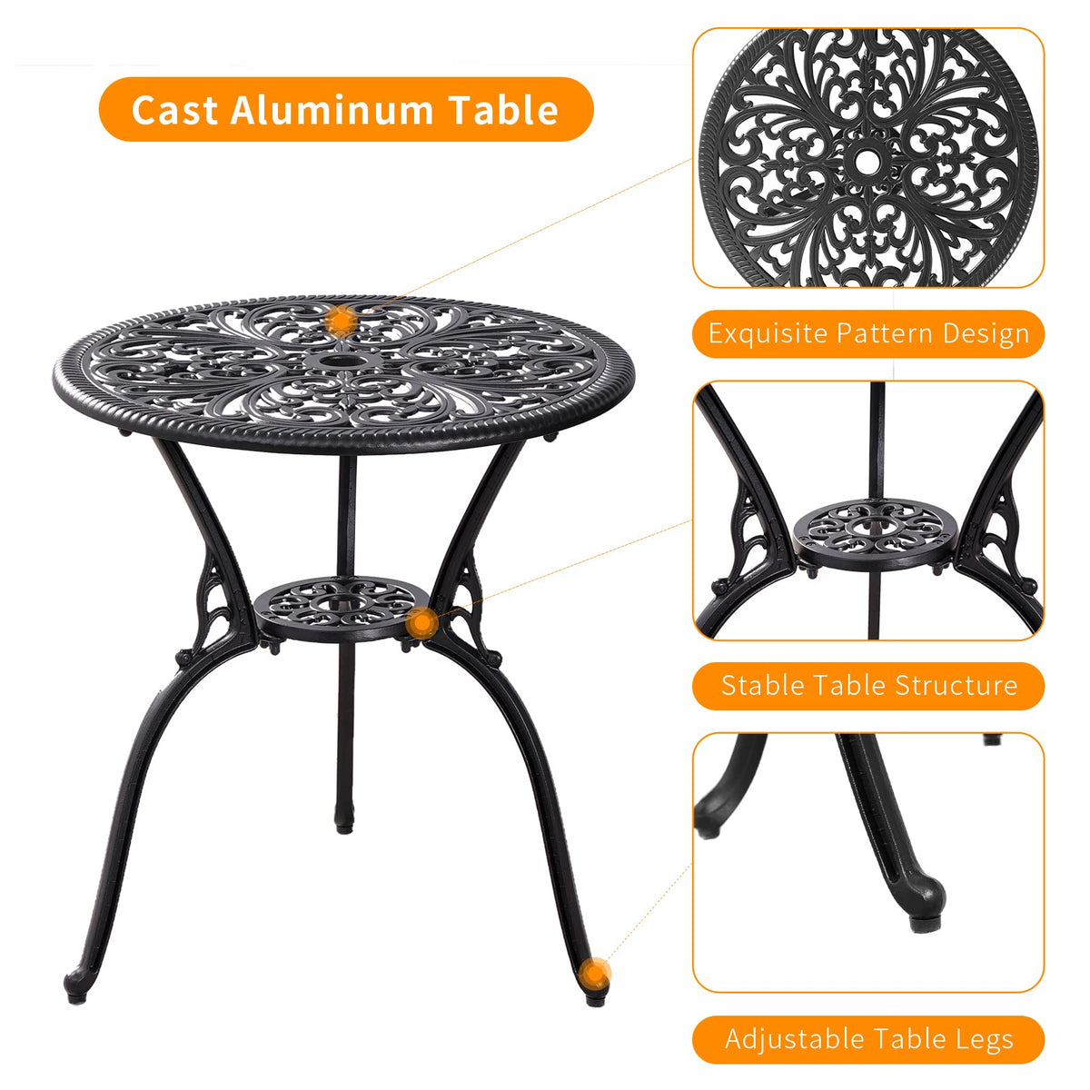 Withniture Bistro Set 3 Piece Outdoor,Cast Aluminum Patio Bistro Sets with 1.97''Umbrella Hole,Rust-Resistant Outdoor Table and Chairs,Patio Furniture Set for Garden,Park (Black)