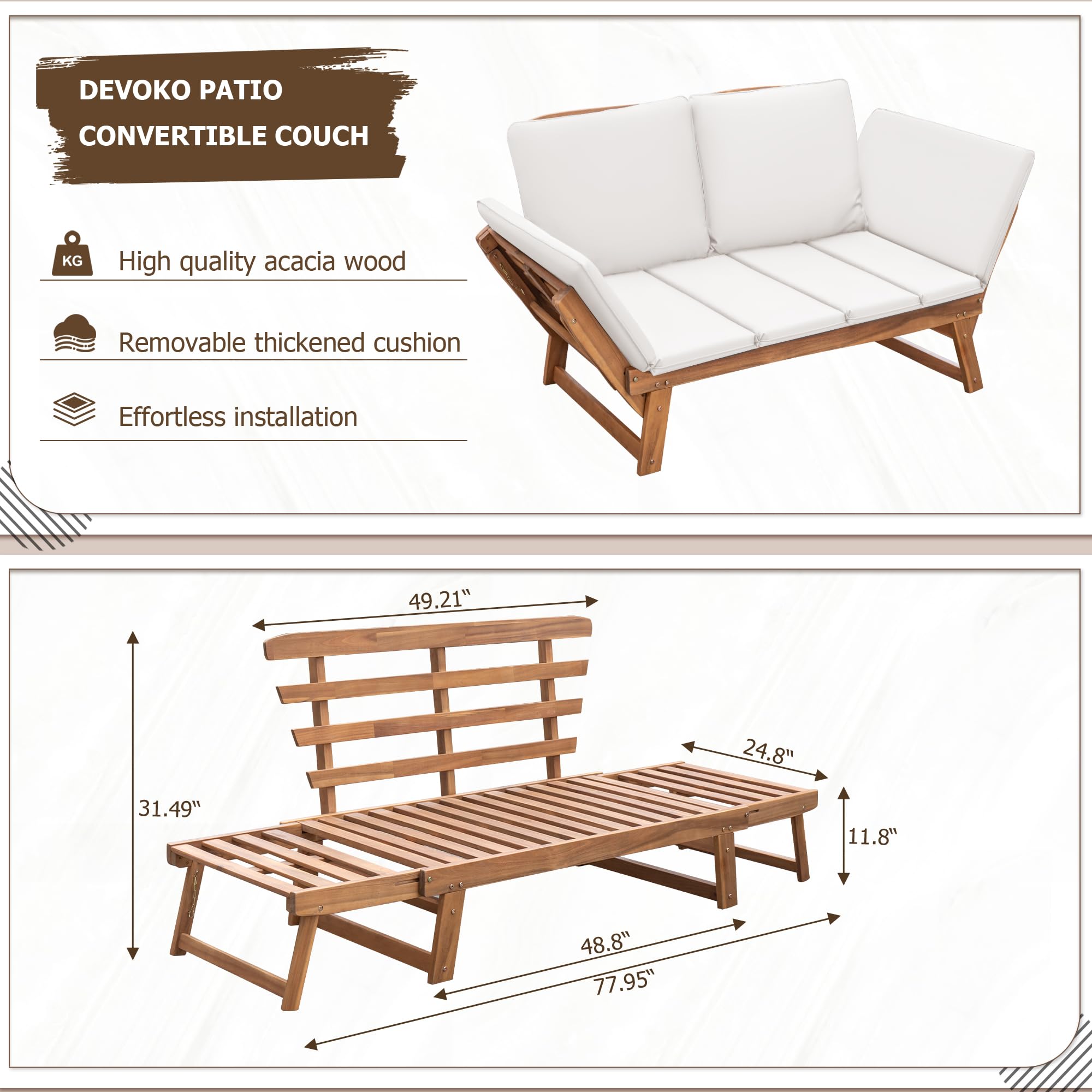 Acacia Wood Outdoor Convertible Sofa with Adjustable Backrest & Cushions