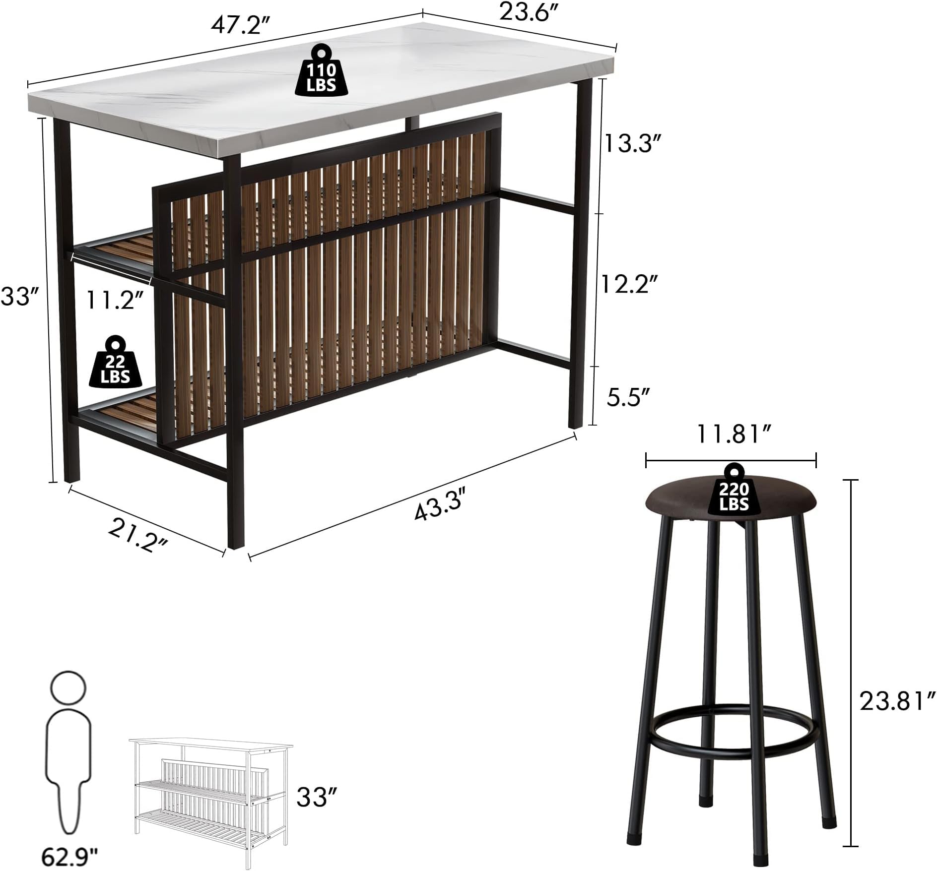3-Piece Bar Table Set with 2 Stools
