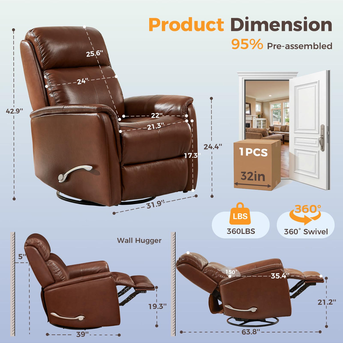 Swivel Recliner Chair, Manual Leather Home Theater Seat (Brown, Leather)