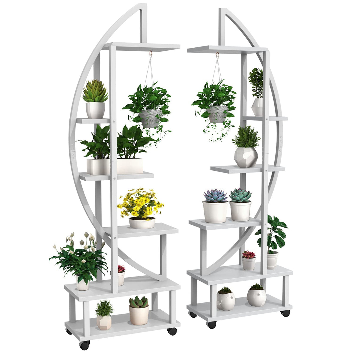 2 Pcs 6 Tier Tall Metal Indoor Plant Stand with Detachable Wheels, Plant Shelf Holder for Outdoor Clearance with Hanging Loop, Half-Moon-Shaped Multi-Purpose Plant Stands for Home Decor, Balcony,