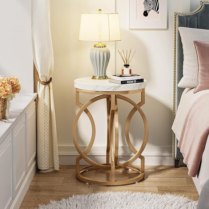 Round End Table Set of 2, Faux Marble White & Gold