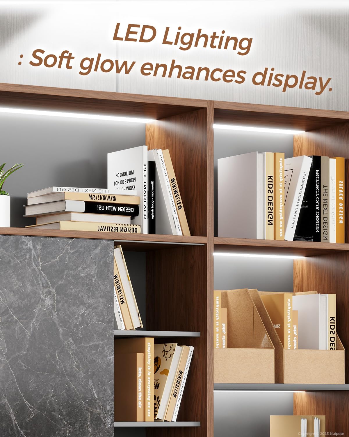 Nuipesn 94" Walnut File Cabinet with Sliding Door & LED, Large Wood Bookcase with Drawers, Modern Office Storage Cabinet & Shelving Unit for Executive Office, Home Office or Study