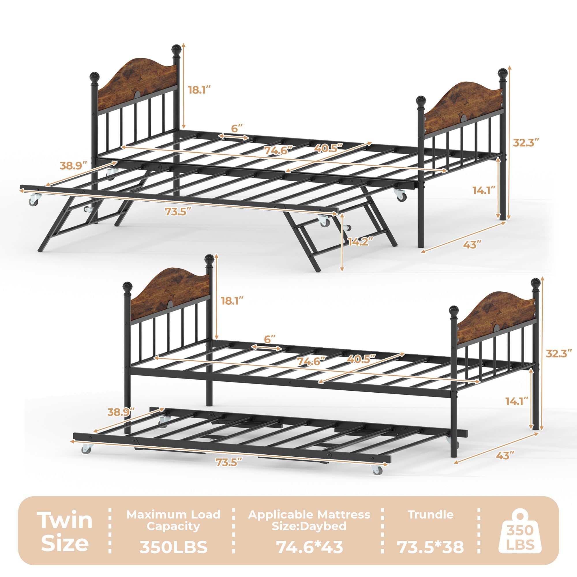 IDEALHOUSE Twin Metal Daybed with Pop-Up Trundle, Heavy Duty Steel Slats Platform Bed with Stylish Headboard, Convertible Sofa Bed Frame for Living Room, Bedroom, or Guest Room, Brown