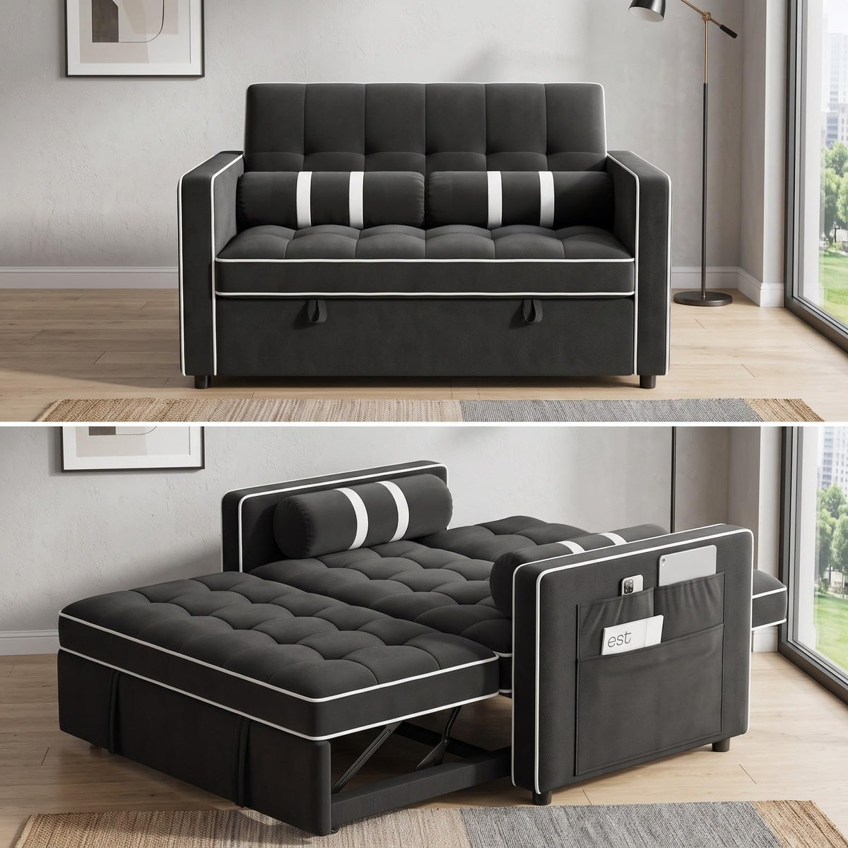 Marsail Futon Sleeper Sofa Bed, Convertible Pull Out Couch, Jet Black