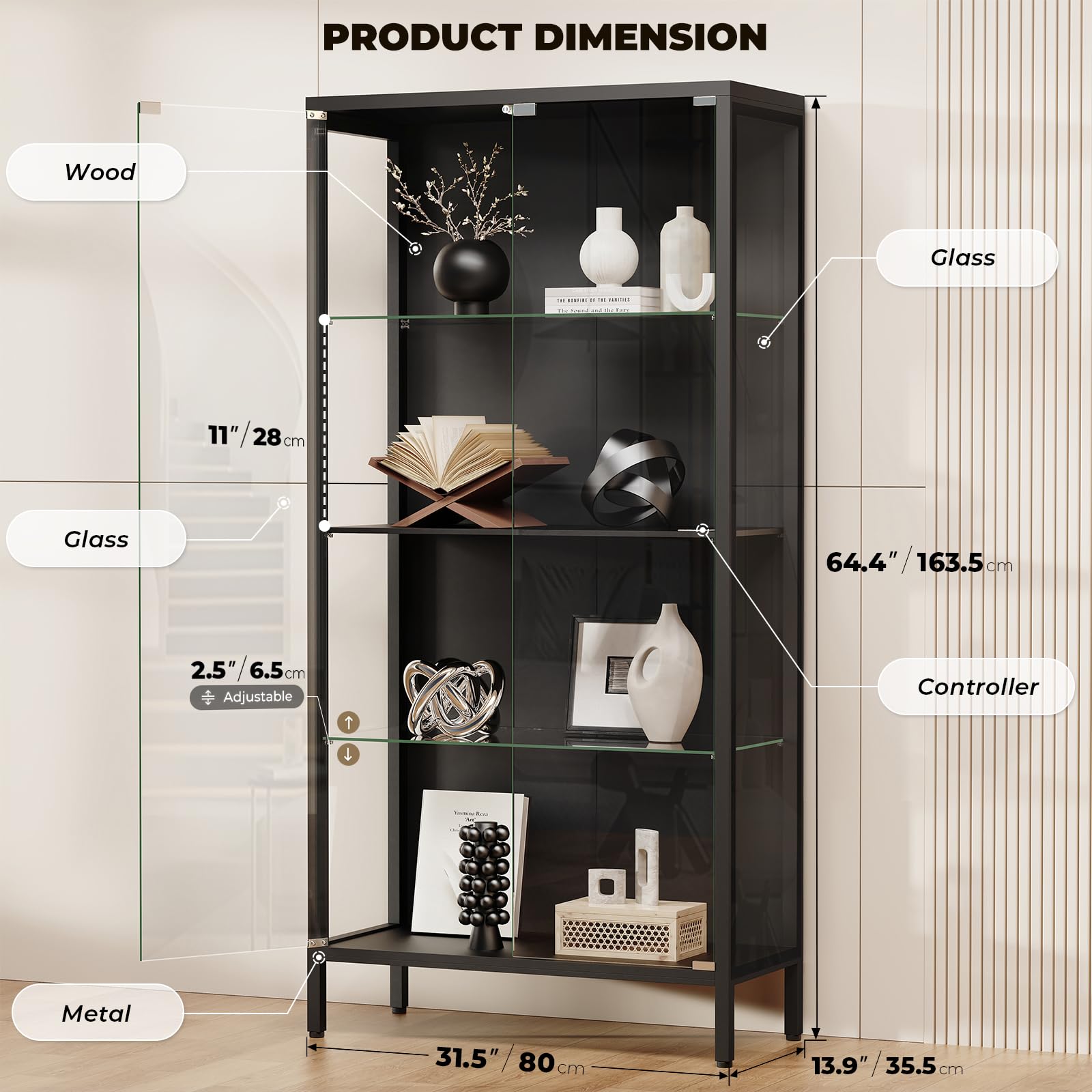 Glass Display Cabinet with LED Lights & Motion Sensor