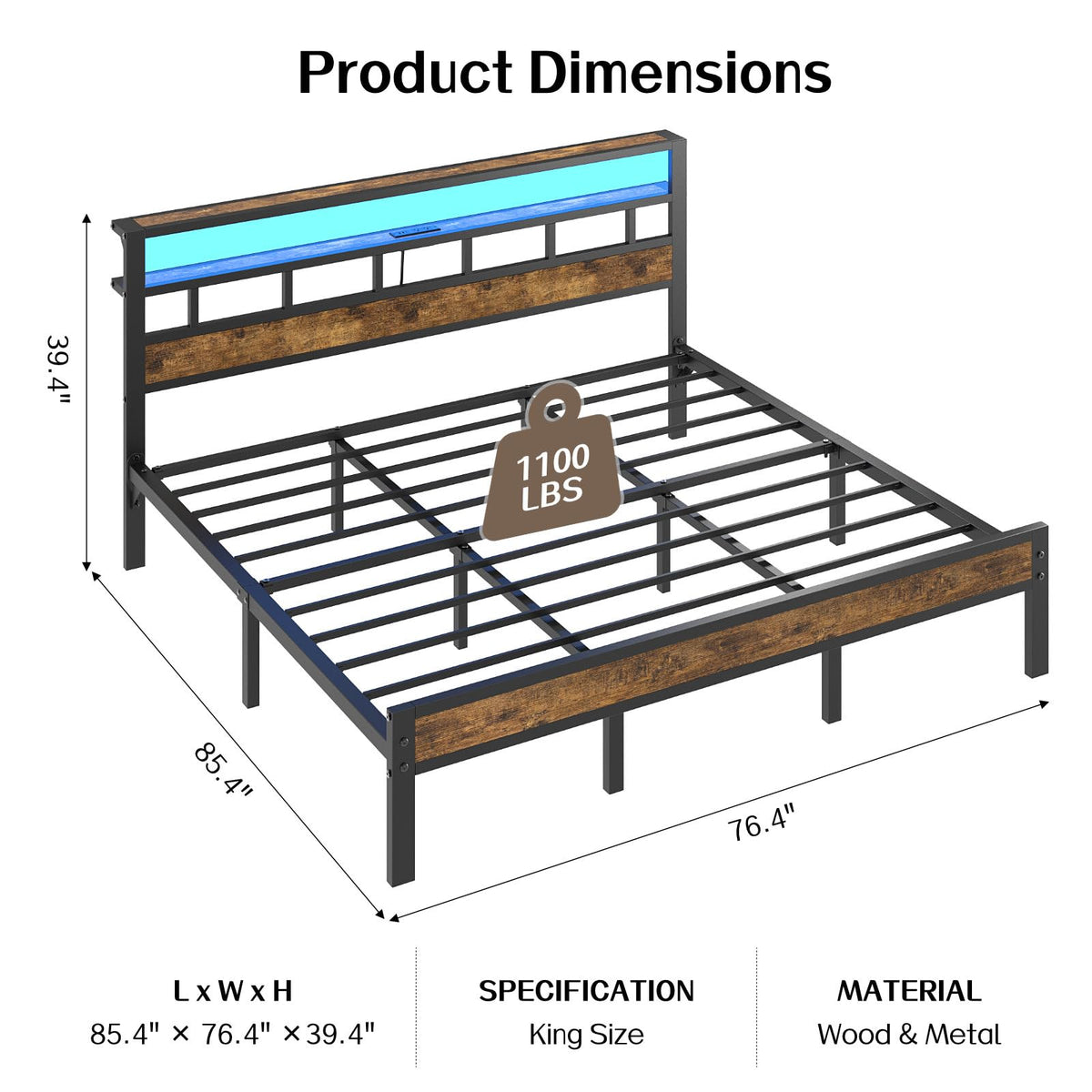 Insdiy King Bed Frame with Charging Station and LED, Metal Platform Bed