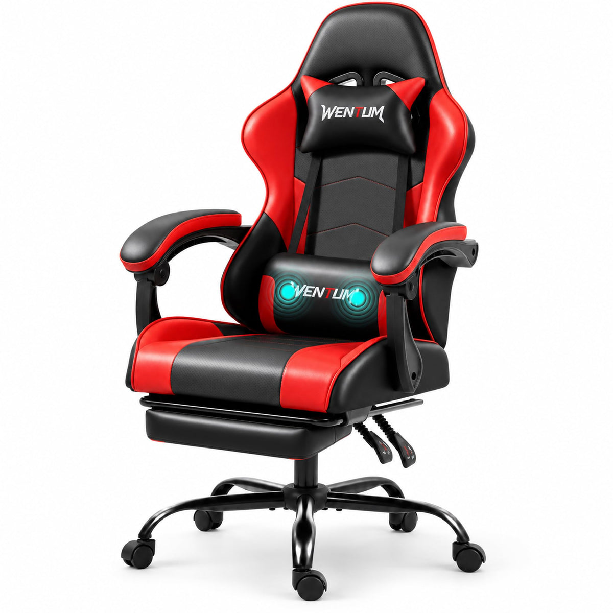 WENTUM Gaming Chair with Footrest for Adults, PU Leather Massage Racing Video Game Chair w/Lumbar Support for Men Women, Ergonomic Computer Gamer Chair for Home Office, Height Adjustable, Red