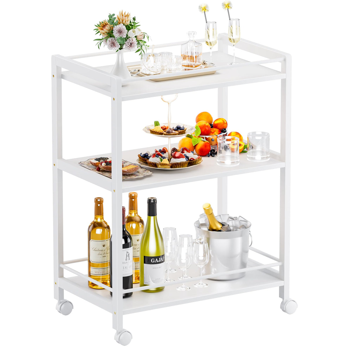 HITNET White Bar Cart, Home Bar Serving Cart, Kitchen Trolley on Wheels with Storage, 3 Tier Rolling Beverage Cart for Living Room Kitchen Home Office