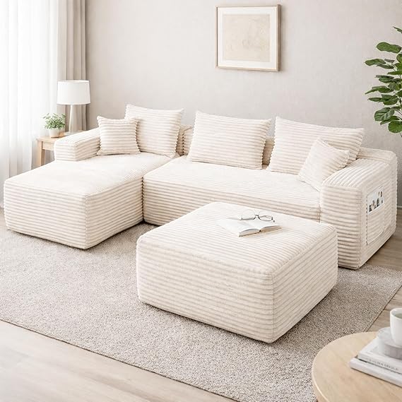 Plush Ottoman & L-Shaped Sofa Set