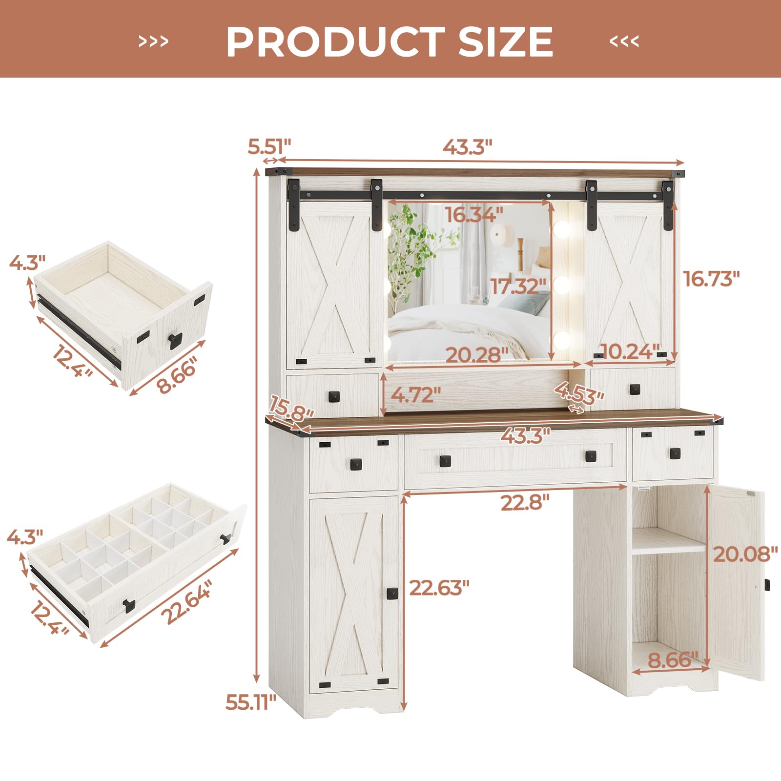 DICTAC Farmhouse Makeup Vanity Desk with Lighted Mirror & Power Strips, Vanity Table with Sliding Barn Door Hidden Shelves & 5 Drawers & 2 Cabinets, White Dressing Table for Bedroom, Lights Adjustable