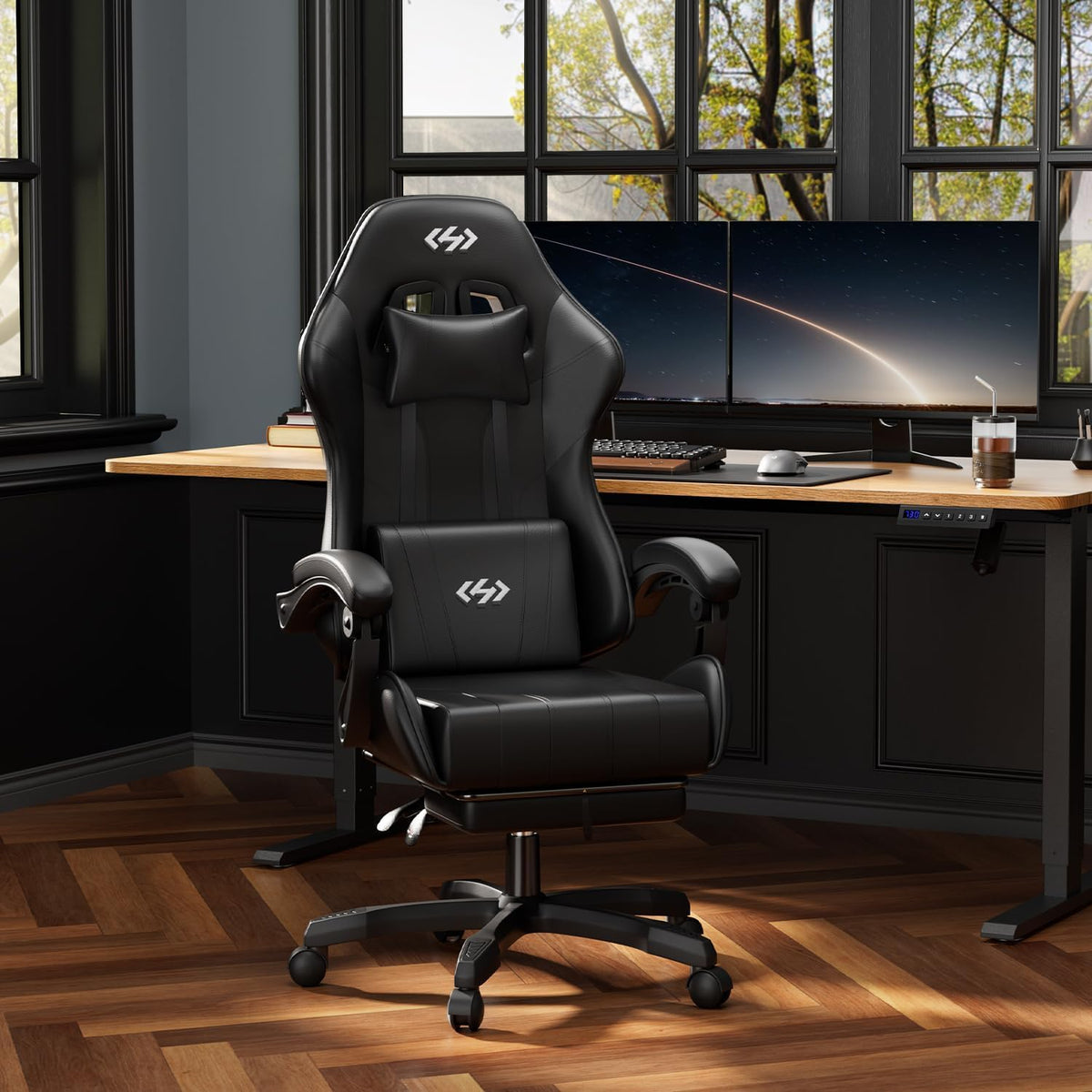HLDIRECT Gaming Chair with Footrest, Lumbar Support & Headrest, Black