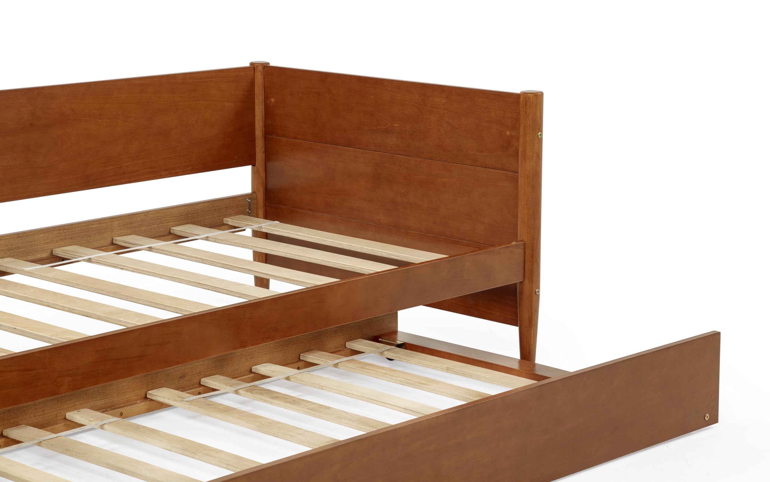 Camaflexi Mid-Century Modern Daybed & Trundle/Solid and Manufactured Wood/Panel Headboard/No Box Spring Needed/Foundation has 14 Wood Slats/Twin Trundle/Easy Assembly, Castanho Finish, Twin.