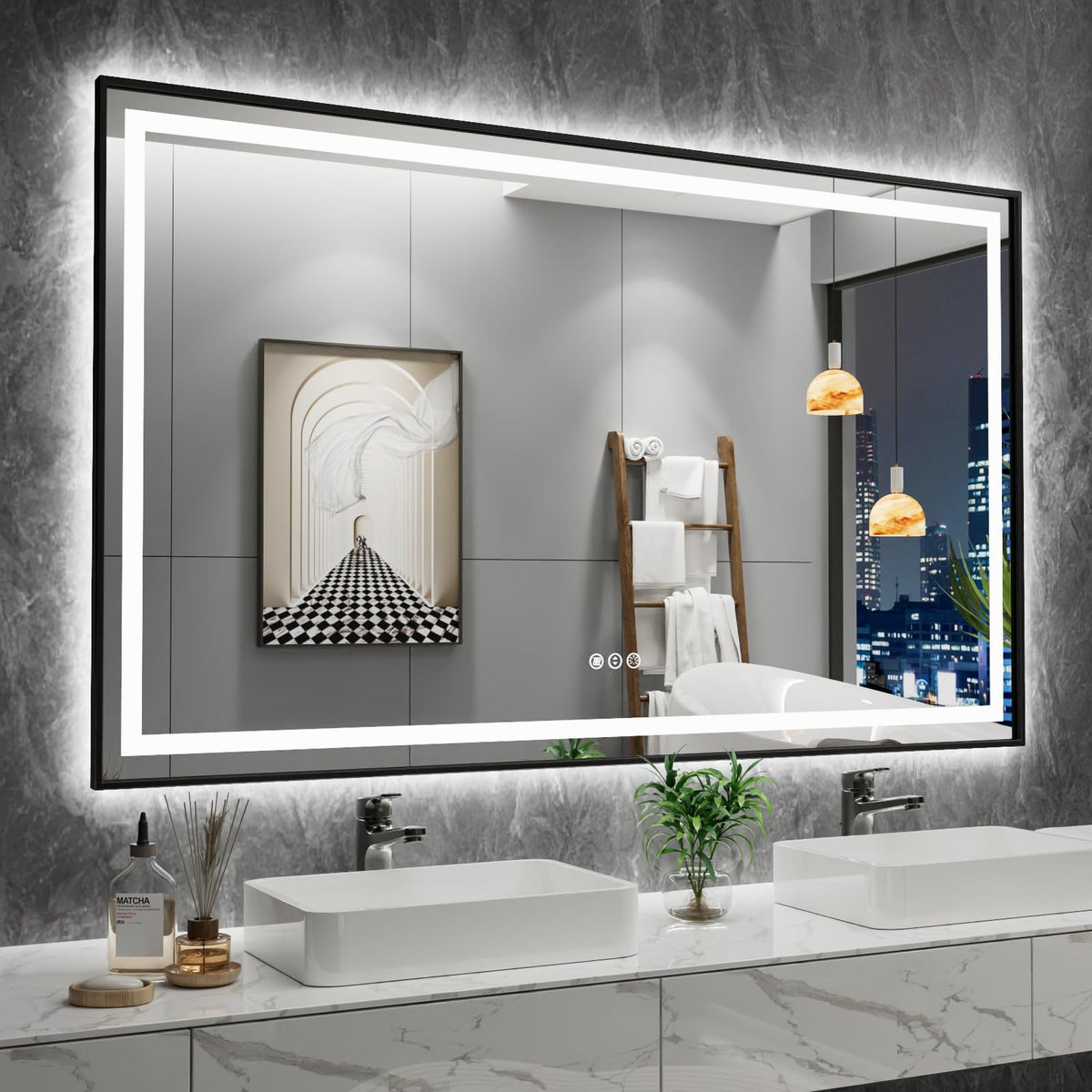 Amorho LED Bathroom Mirror, 60"X36" Front Lit and Backlit with Black Frame
