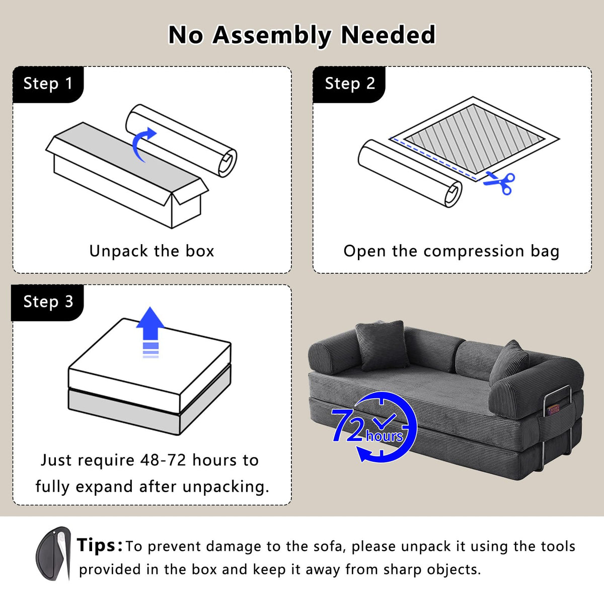 78" Convertible Sofa Bed,Folding Floor Couch,Boneless Bed Futon,Gray