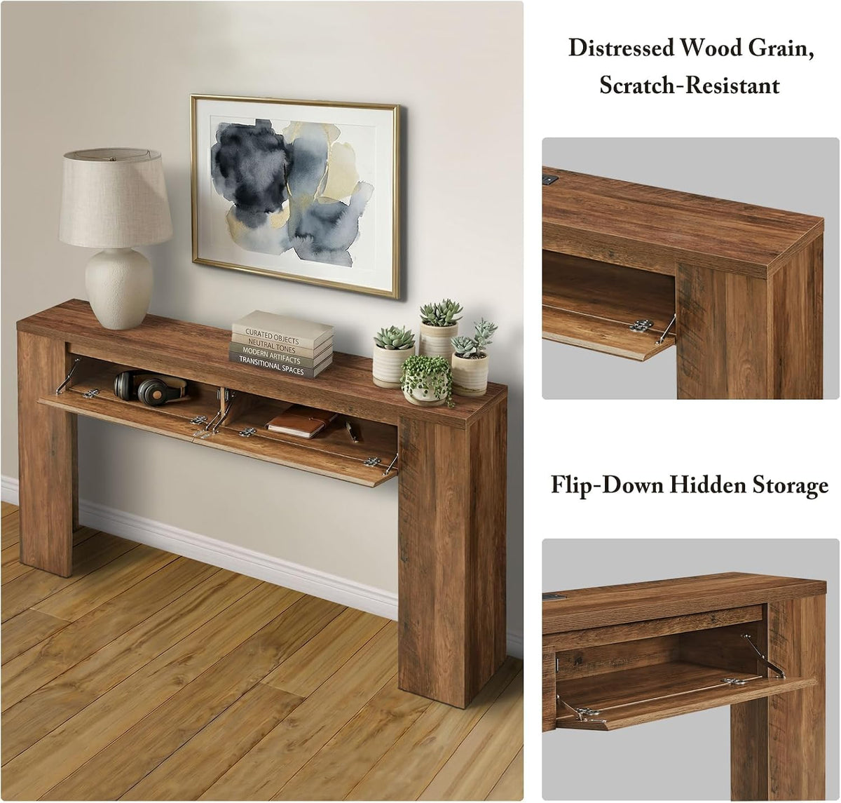 Madison Park Essentials Console Table with Power Outlet & USB Port, 63" Long Narrow Sofa Table with Flip-Top Hidden Storage Shelf, Behind Couch Entryway Hallway Table for Living Room, Warm Brown
