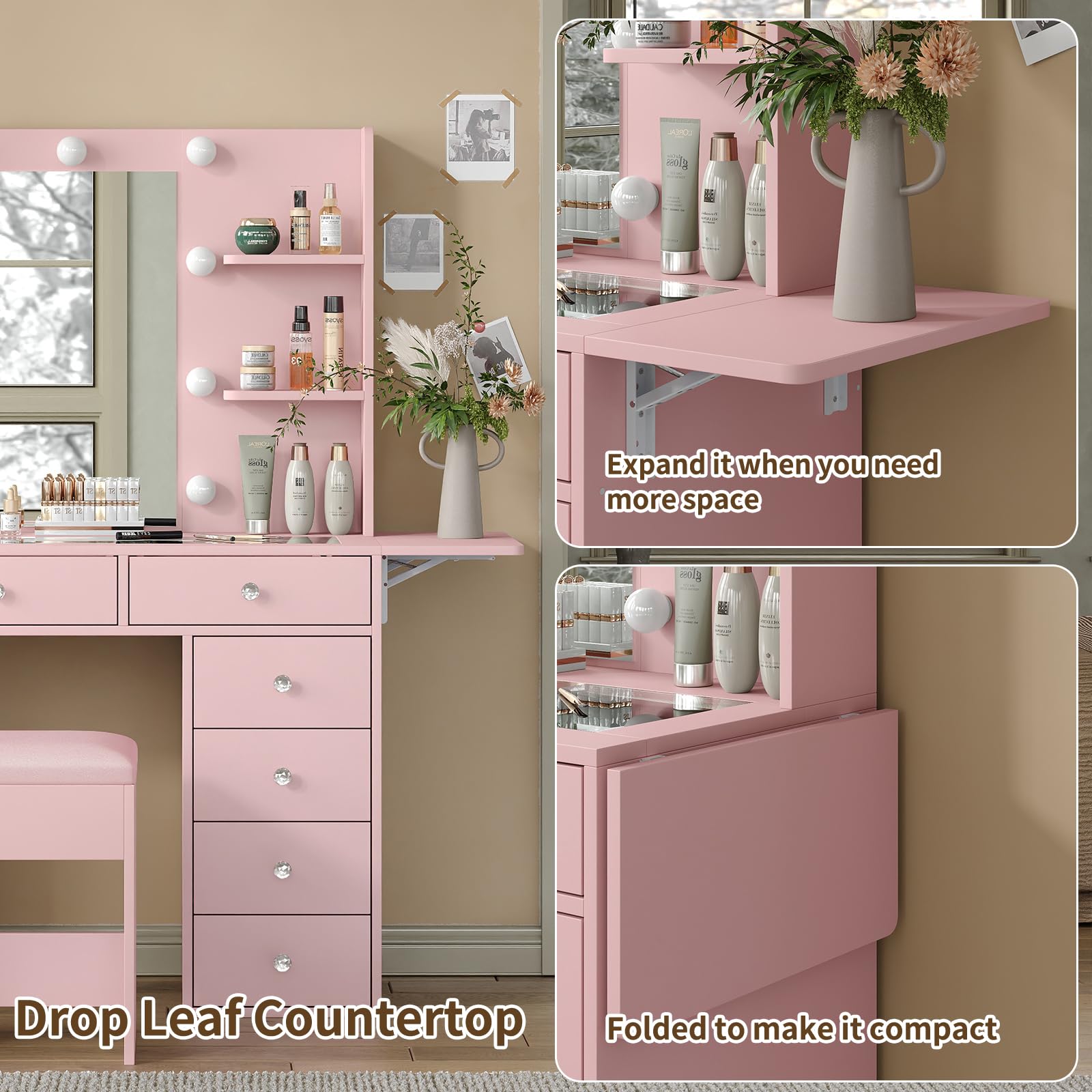FUSOU Vanity Desk with Power Outlet, 11 Drawers Makeup Vanity with Lighted Mirror, 3 Colors Adjustable, Glass Top Vanity with Chair, 4 Shelves and Fold-up Panel, Dressing Table for Bedroom, Pink