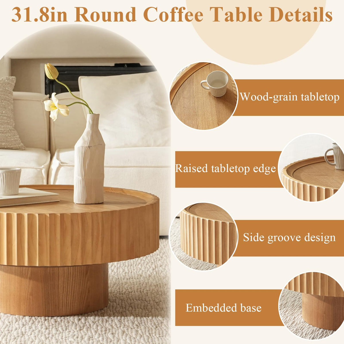 Veihaus Round Coffee Table, 31.8” Coffee Table with Storage, Fluted Drum Modern Living Room Table, Mushroom Shape Wood Center Tables, Coffee Tables for Living Room(31.8''L×13.7''H,Nature Wood)