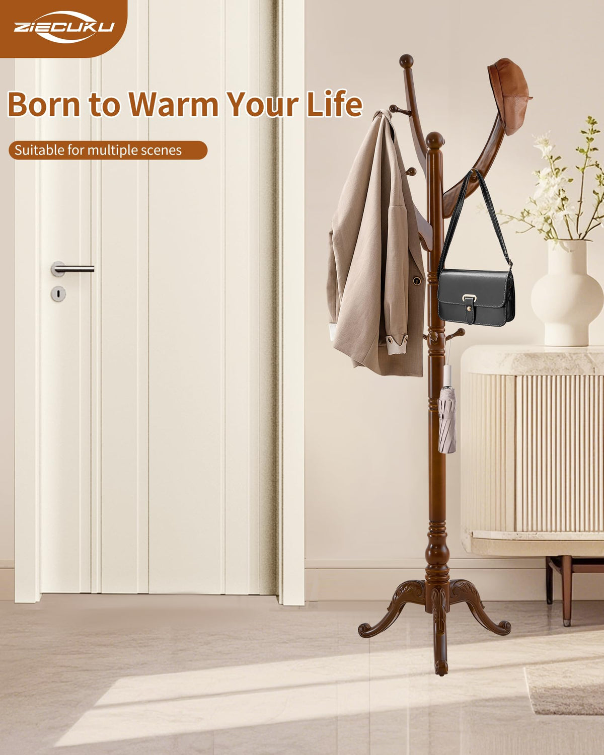 ZIECUKU Coat Rack Freestanding,Solid Wood Coat Hall Tree with 13 Hooks