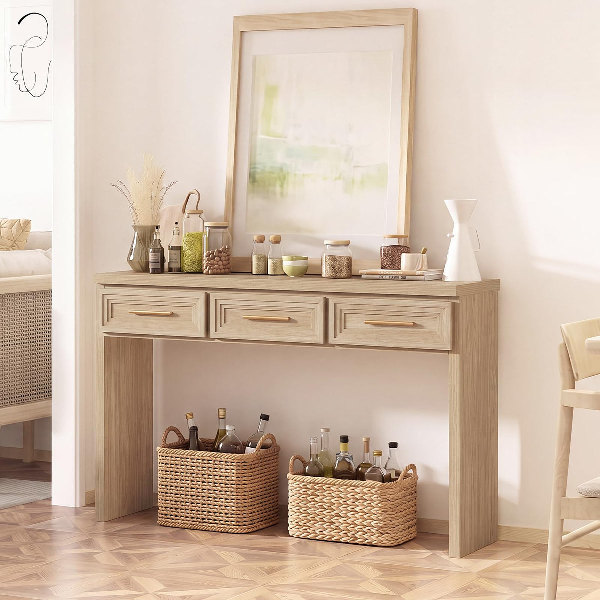RWYHG 47" Entryway Table with 3 Drawers, Modern Wood Console Table, Natural