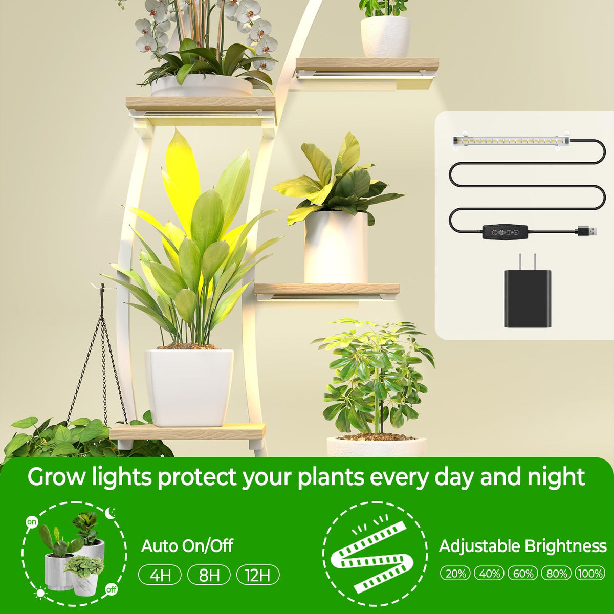 Plant Stand Indoor with 8 Grow Light,65" Tall 10 Tier White Half Moon Shelf