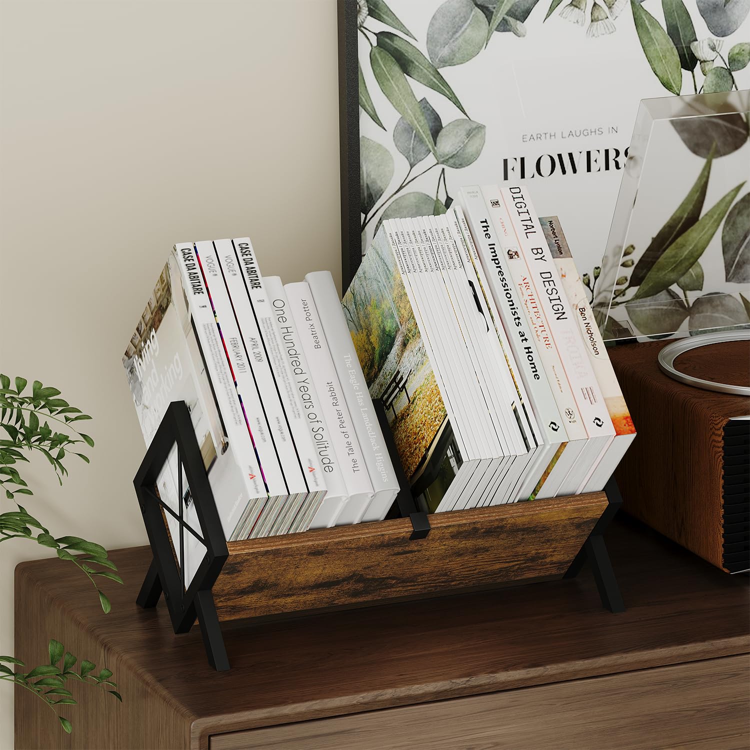 YINMIT Wood Desktop Bookshelf, Retro Tabletop Bookshelf, Desk Shelf for Top of Desk in Living Room, Home, Office, Tilting Bookcase for CDs, Magazine, Books, Home Decor