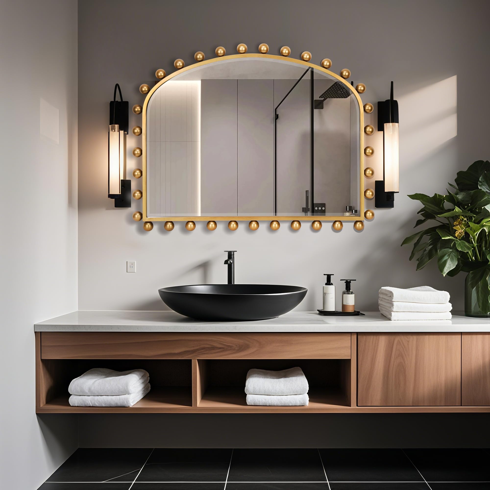 Wide Arch Wall Mirror with Antique Gold Ball Frame & Beveled Glass