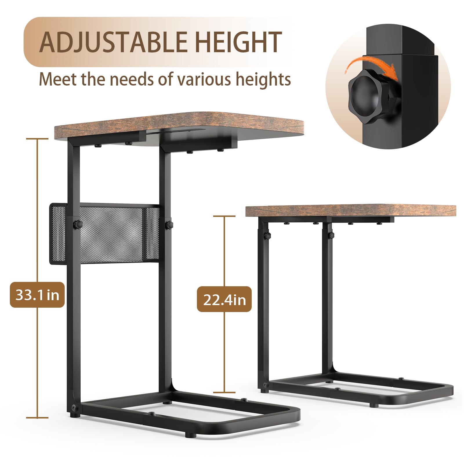 Fashion TV Tray Table with Large Tabletop, Adjustable Sofa Table with Storage Baskets, Strong Metal Frame, Tv Dinner Tray Table for TV Watching, Meals, Snacks (Square, Brown, 16.93inch x 12.6inch)